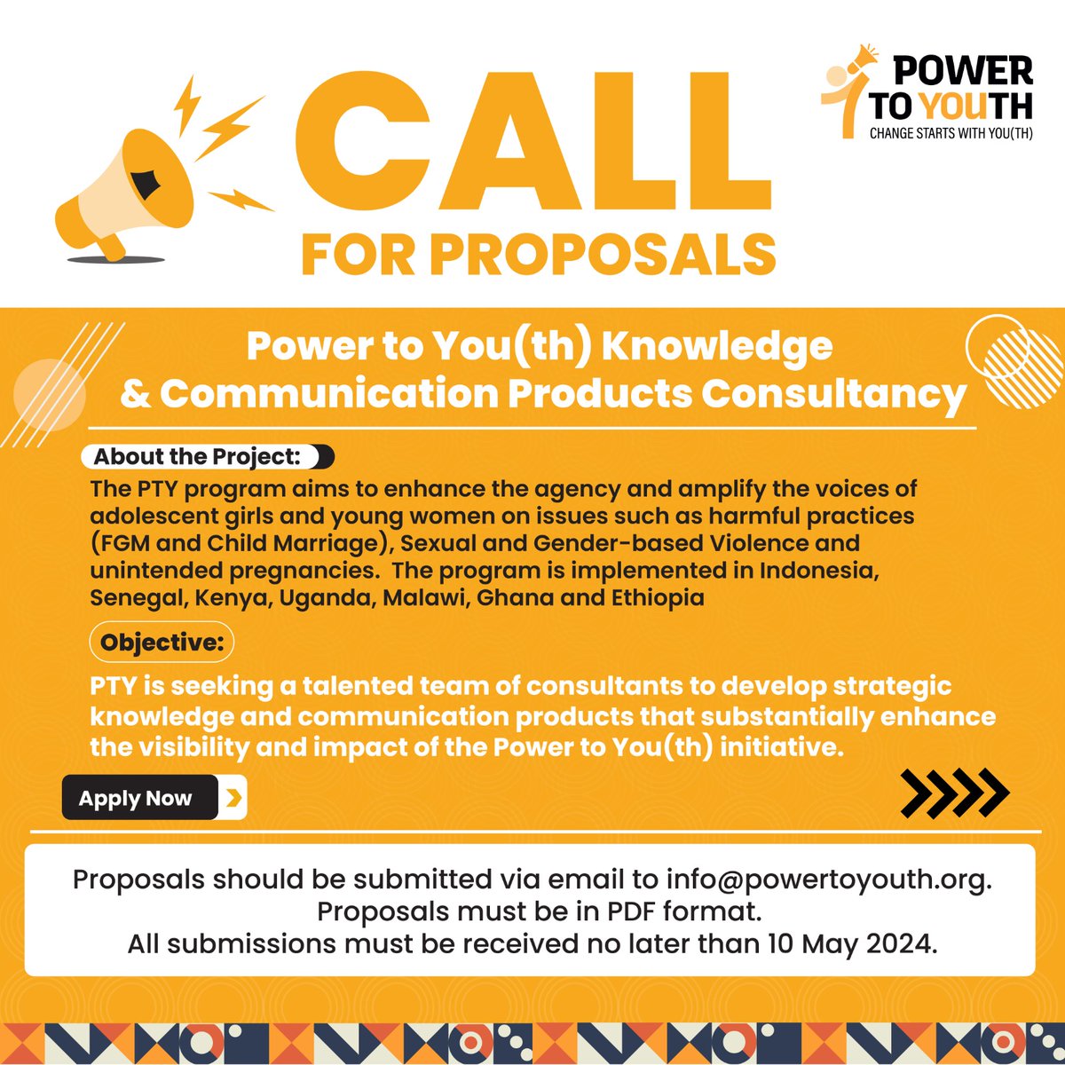 #PowerToYouth is 📣 #Hiring . Thrilled to announce a new call for proposals seeking expertise to increase the visibility and impact of our Power To Youth (PtY) program.Application deadline is 10th May 2024 For more information visit Pty website at: powertoyouth.com/opportunities/…