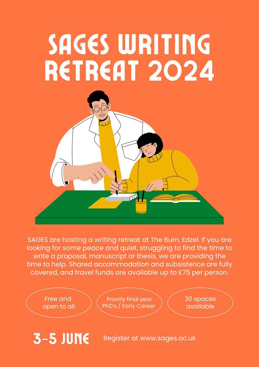 📢 Exciting news!📝Join us for the SAGES 2024 Writing Retreat June 3-5🌟Dive into your writing and supported by others in our community🤝It's FREE & open to all, prioritising PhDs & early career researchers! #SAGES2024 #AcademicWriting #PhDLife 📚✍️sages.ac.uk/latest-news/sa…