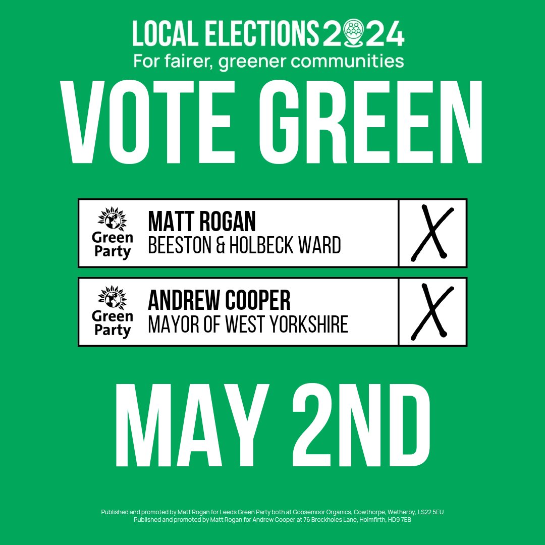 Only 3 days left! #VoteGreen here in #Leeds: for myself in Beeston and Holbeck, as well as our other candidates standing in all 33 wards! Also be sure to vote for @clrandrewcooper as your Mayor of West Yorkshire + @MyFamilyGarden1 as his deputy. #GetGreensElected💚