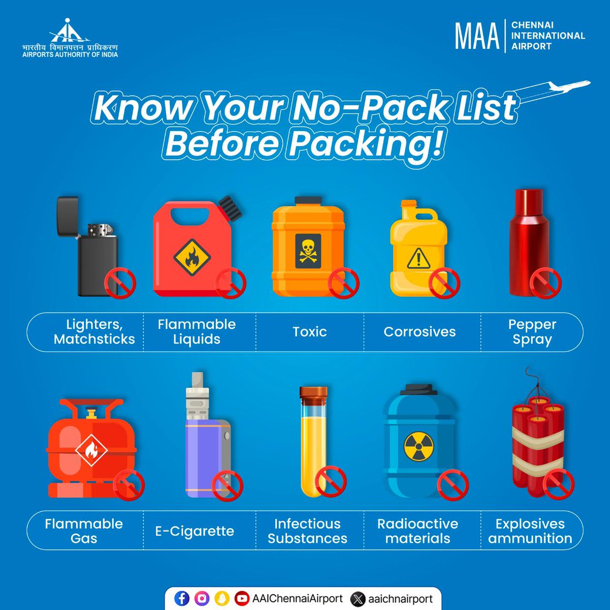 Smooth travels start with smart packing! Check out this list of prohibited items before you pack to breeze through security at Chennai International Airport. #ChennaiAirport #ProhibitedItems #SmoothTravel @MoCA_GoI | @AAI_Official