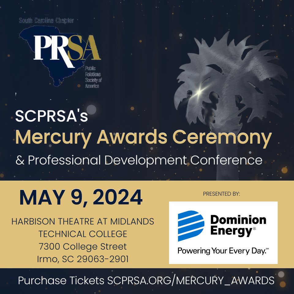 EIGHT DAYS LEFT to get tickets for the SCPRSA Mercury Awards event in Irmo, S.C., presented by Dominion Energy! Plan to be there May 9, for the luncheon, the awards and two outstanding panels on current PR topics. Details, tickets at scprsa.org/Mercury_Awards #MercuryAwards2024