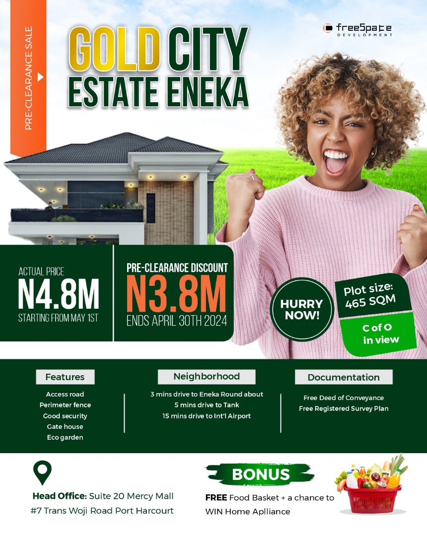 Gold City Estate Eneka 
sales ongoing

Preclearance sales ends tomorrow 30th April, 2024.

#RealEstate #luxuryrealestate #realestateportharcourt #realtors