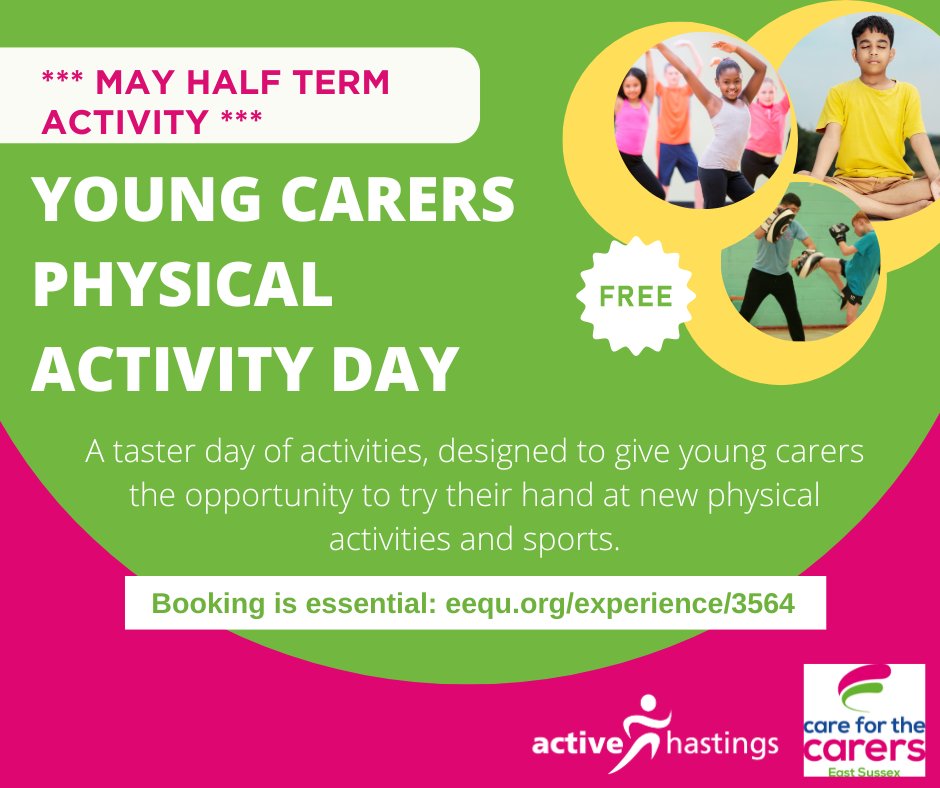 Together with @CareForTheCarers we are running a free young carers physical activity taster day on Thursday 30 May, 10am to 2pm at Play Sport Fitness Hub. For young carers aged 8 to 16. To book visit: eequ.org/experience/3564