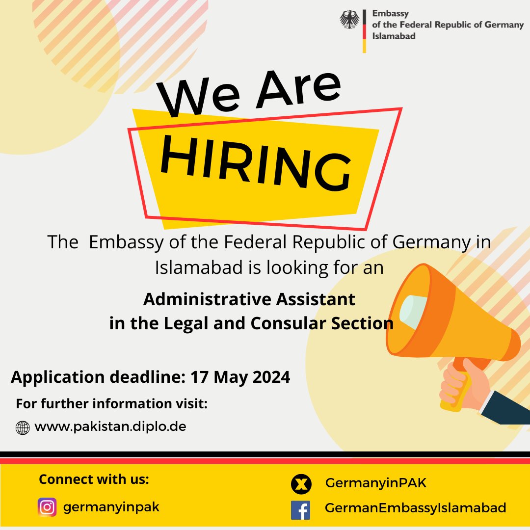 The German embassy in #Islamabad is looking to hire an administrative assistant. Check out the details on our website and if you are eligible, we encourage you to apply! pakistan.diplo.de/pk-en/-/2622224