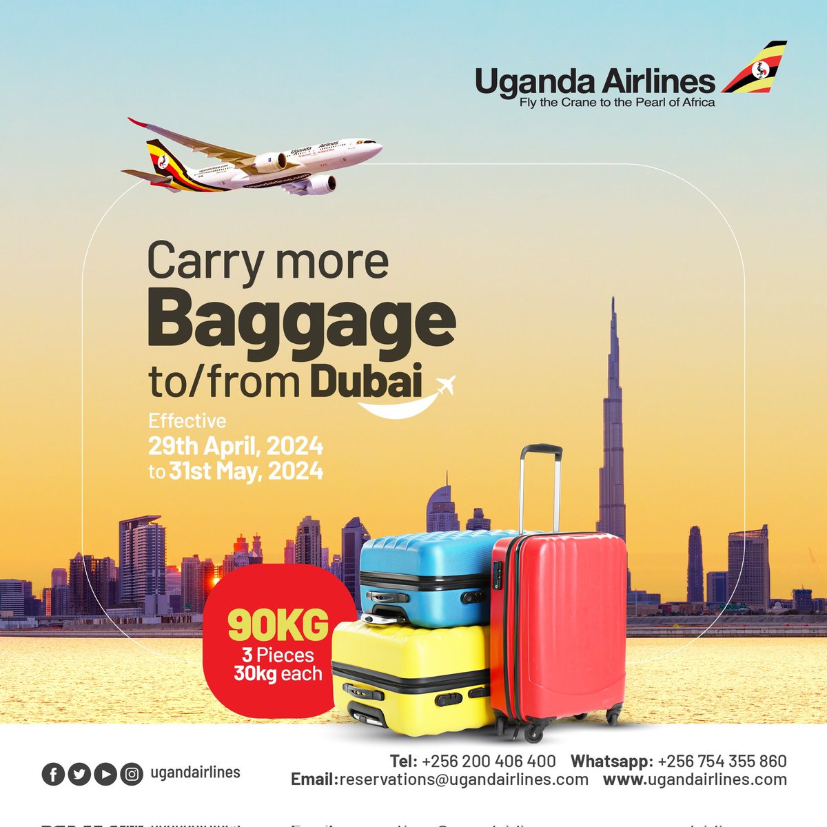 Traveling to #Dubai just got better!  Carry more Baggage of up to 90Kgs. You can book your flight today on our mobile APP or Website: ugandairlines.com #FlyUgandaAirlines
#infrastructureUG