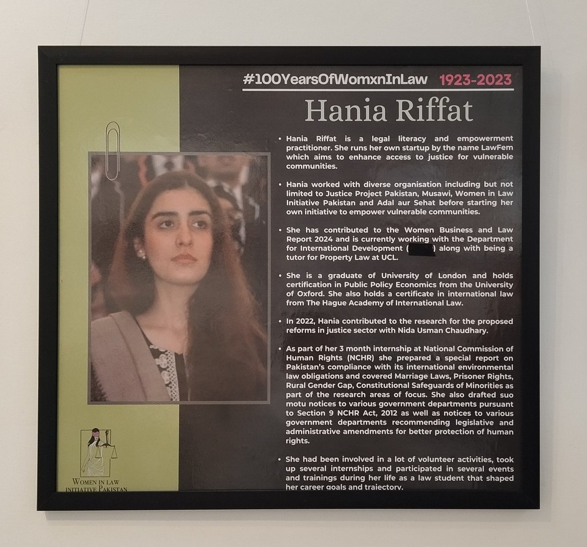Our founder, @AaminahQ and member of our legal team, Hania Riffat, were recognized at the @WomenInLawPk 100 Years Photo Exhibition for their contributions in advancing legal rights for women. Thank you @NidaUsmanCh for showcasing remarkable women in law. #VisibilityMatters