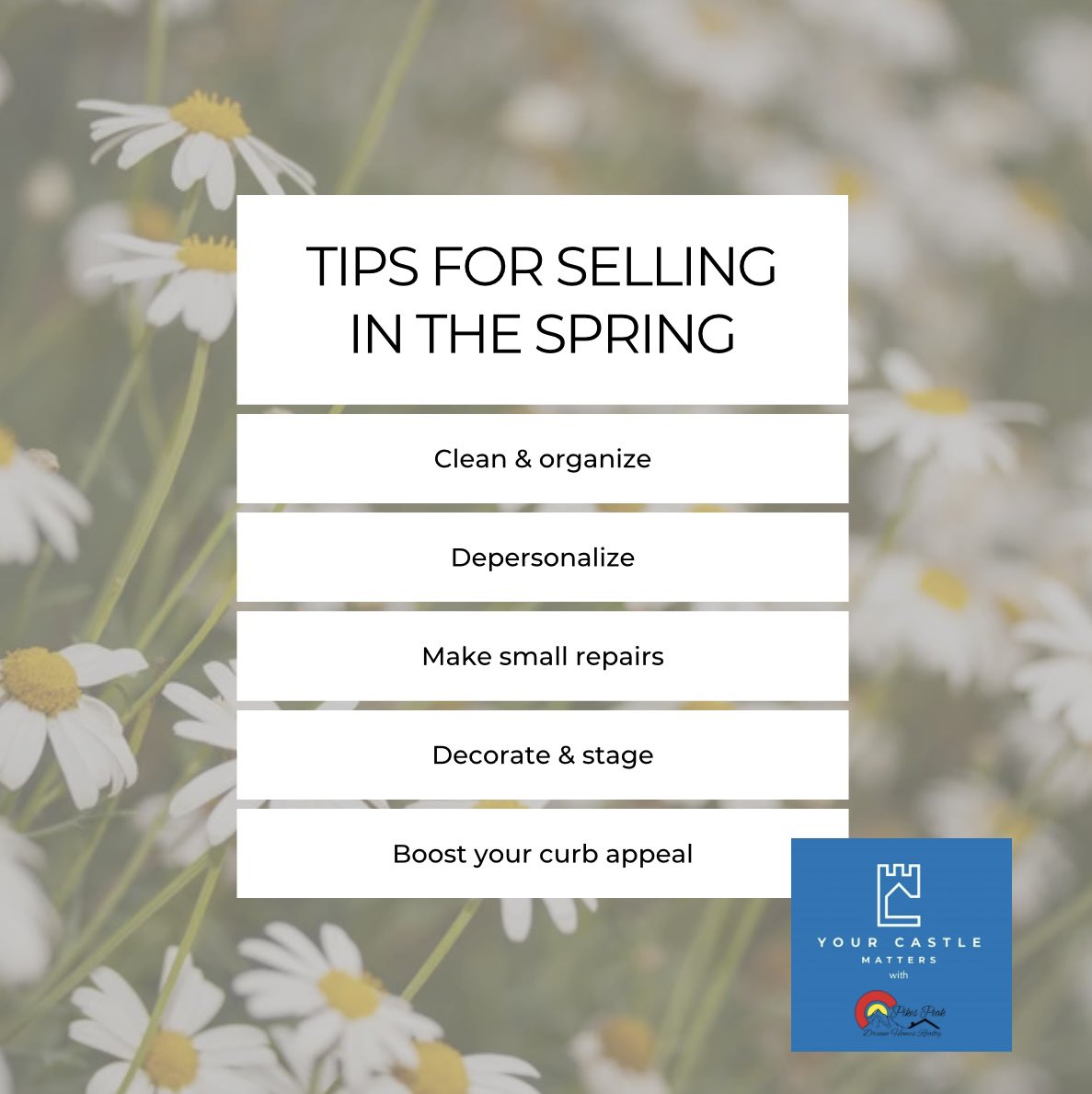 Ready to sell your house this spring? Let's make it happen! Here are 5 tips from a real estate agent: 
#realestateagent #homesellingtips #springmarket #yourcastlematters #p4p #providing4providers #coloradoliving #realestate #investinyou #homesweethome #Godisgood