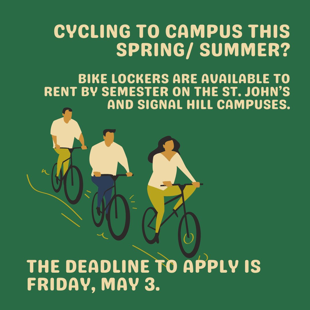 Cycling to campus this spring/summer? 🚴 🚴 Bike lockers are available to rent by semester on the St. John’s and Signal Hill campuses. The deadline to apply is Friday, May 3. Lockers are allocated through a lottery if needed. Visit bit.ly/3QhWdy5 to apply.