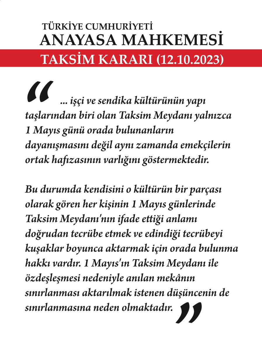 📢Taksim Meydanı, emekçilerindir. 📢Taksim Meydanı, emek hafızasının adresidir. 📢Taksim Meydanı, yasakların değil direnişin simgesidir. AYM kararı yok sayılamaz. #1Mayıs işçinin, emekçinin bayramında meydanlar yasaklanamaz.