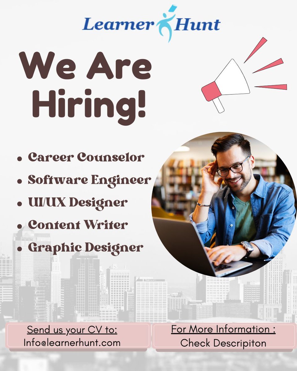 ❗❗Hiring❗❗
We are hiring for multiple roles. You can find all the details below 👇🏻 

Hiring for -

Career Counselor
Software Engineer
UI/UX Designer
Content Writer
Graphic Designer 

Exp- 1year at least
Location- Faridabad
Share cv at info@learnerhunt.com