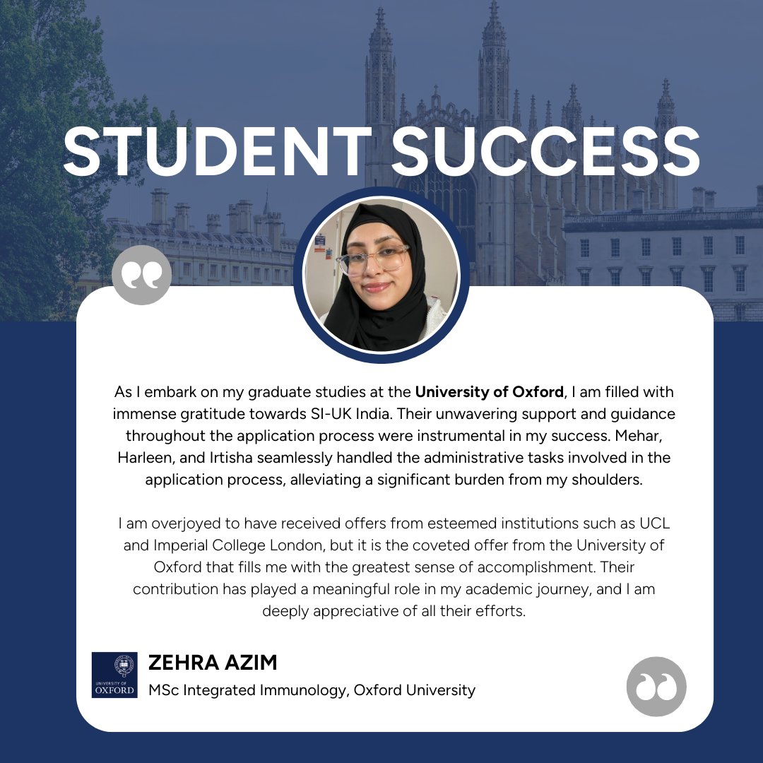 Here's Zehra who has made it into the prestigious @UniofOxford. Do you, like Zehra, want to study in Oxford? Then join us for our Oxbridge Admissions Day on 30th April 2024 from 12PM to 4PM on Zoom. Register now at tinyurl.com/3x5jp7zj