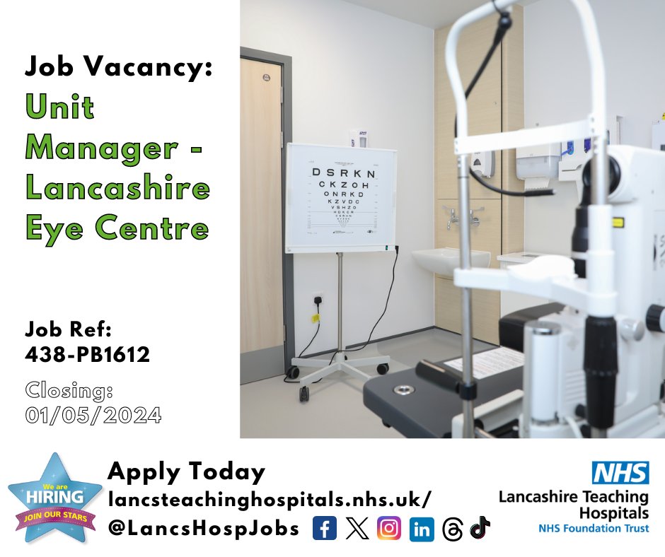 Job Vacancy: Unit Manager - #Lancashire Eye Centre @LancsHospitals ⚠Please note that TRAC will be down for maintenance 30th April 18:00-22:00. ⏰Closes: 01/05/24 Read more & apply: lancsteachinghospitals.nhs.uk/join-our-workf… @EyeLthtr #NHS #NHSjobs #Band7 #Chorley