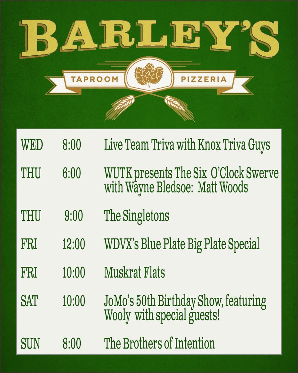 Happy Monday morning, #Knoxville! 
We've got some great live music to kick off the month of May for you! Check out what we've got on stage this week! 

#BarleysKnoxville #OldCityKnox #KnoxvilleMusic