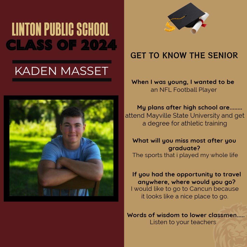 LHS Class of 2024 Senior Spotlight - Kaden Masset 
Congratulations, Kaden! 
#classof2024 #lionpride