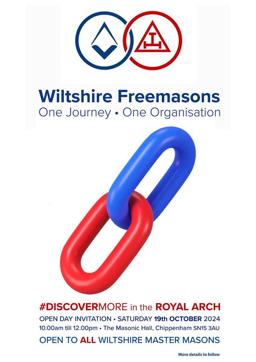 #WiltshireRoyalArch Discover More in the Royal Arch. 'Open Day' Invitation to all Wiltshire Master Masons. Saturday 19th October 2024 @ Chippenham Masonic Hall. More details to follow #DiscoverMore #OneJourney #RoyalArch @wiltspgl @pgcWiltshire