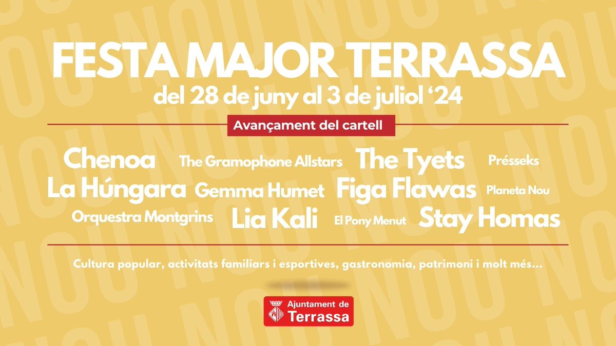 ✅Chenoa, The Tyets, Stay Homas, Figa Flawas, La Húngara, Lia Kali, Gemma Humet, el Pony Menut i l’Orquestra Montgrins, són alguns dels primers noms ja confirmats i que formaran part del programa musical de @FMterrassa!!! 😍😍
+Info a
terrassa.cat/noticies