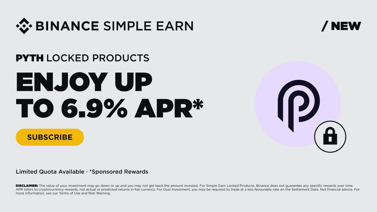 #Binance is adding @PythNetwork $PYTH on Simple Earn Locked Products. You can now subscribe to PYTH on Simple Earn Locked Products to get up to 6.9% in APR rewards! Join now ➡️ binance.com/en/support/ann…