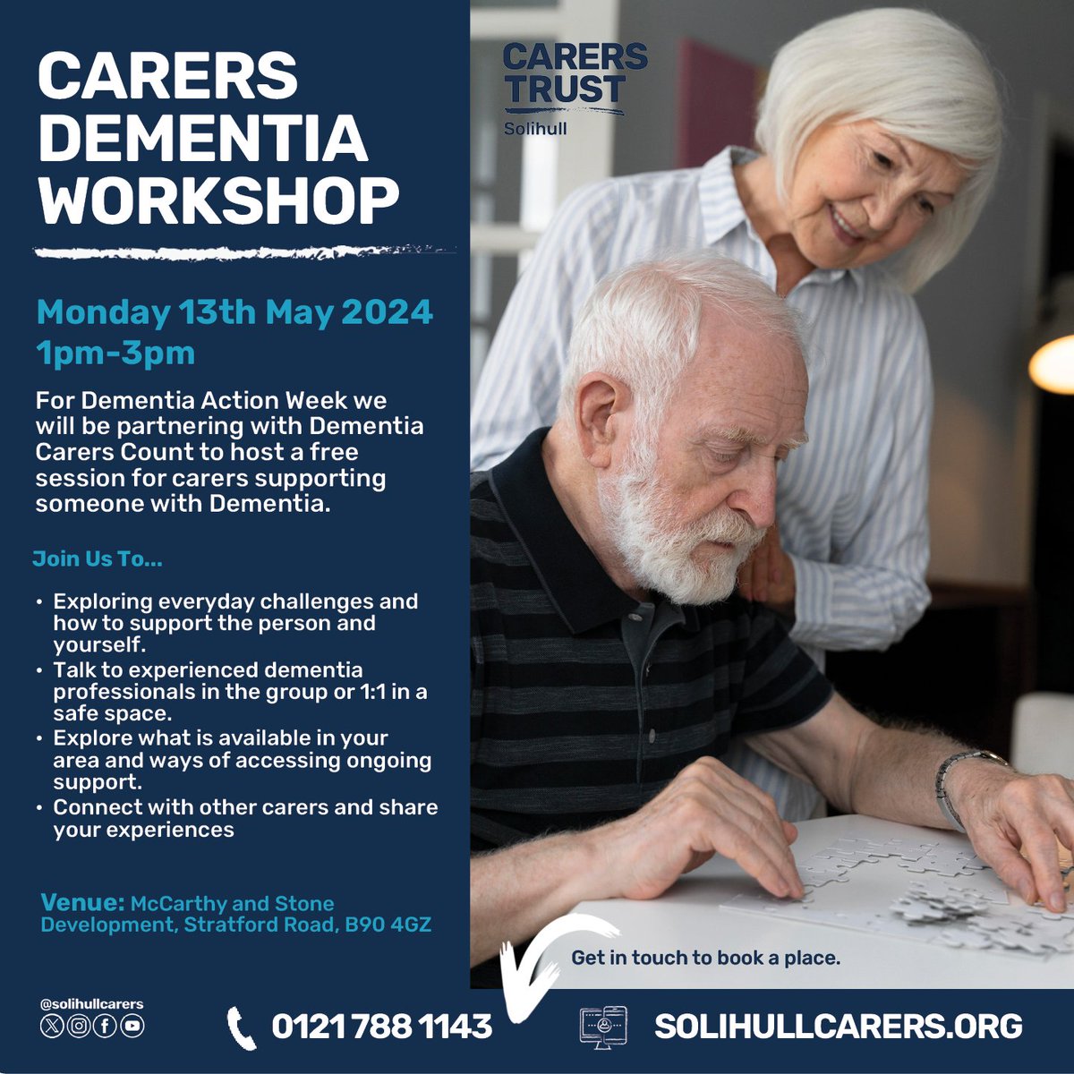 For #DementiaActionWeek, taking place 13-19th May, we have joined up with @DemCarersCount to host a free workshop for carers. This session will give you the opportunity to meet other carers and access support. To Book - solihullcarers.wufoo.com/forms/q182nafc… #dementia #Carers #solihull