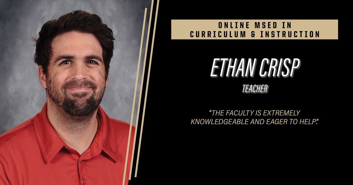 “I am grateful for the opportunity to hone my skills in educational tech & instructional design,” says teacher Ethan Crisp, an alum of #PurdueEDU’s online MSED in Curriculum & Instruction. “The faculty is extremely knowledgeable and eager to help.” 🔗 bit.ly/msed-ci