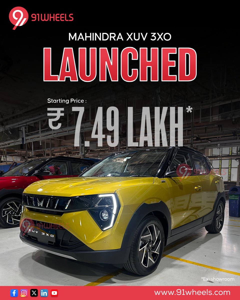 Mahindra Automotive has finally launched it's much awaited XUV 3XO at a starting price of ₹ 7.49 lakh* (ex showroom) Key highlight- ✅ Wireless charger, Bi halogen projector headlamps ✅ Electric sunroof with anti pinch, cruise control ✅ 26.03 cm HD infotainment system ✅…
