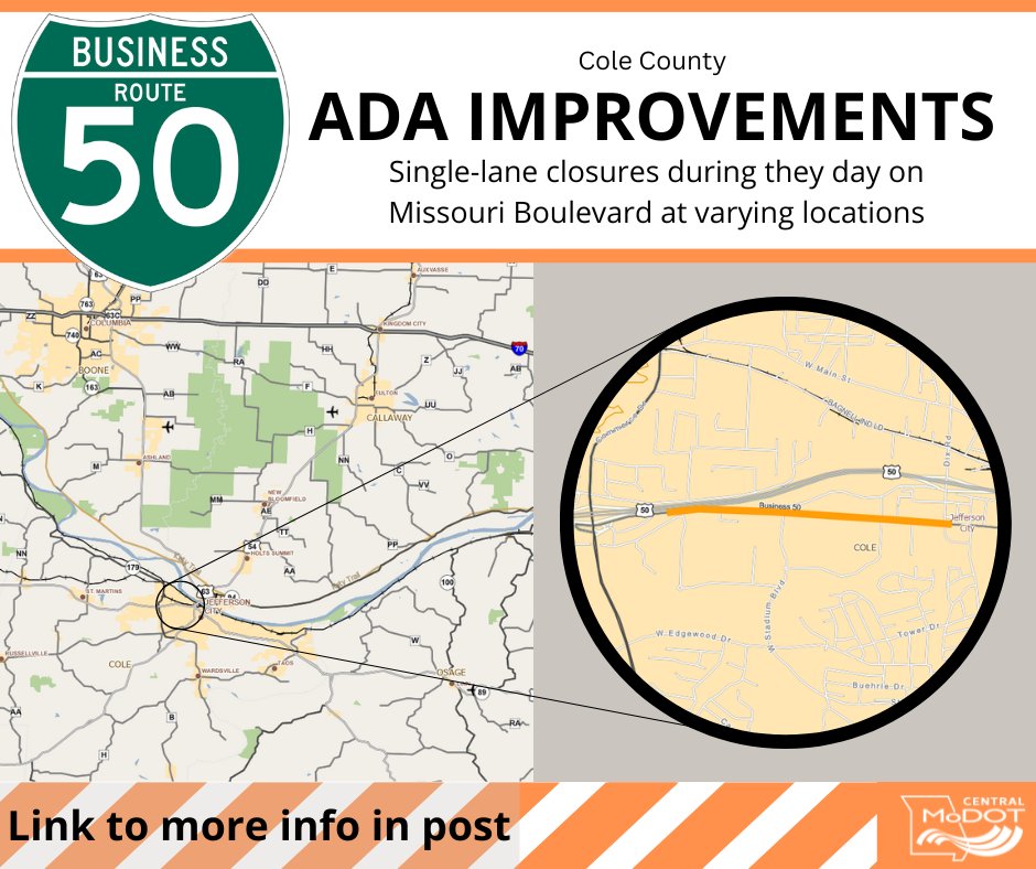 ALERT FOR JEFFERSON CITY: ADA work will close one lane of Missouri Boulevard at varying locations for the next several weeks. More info: modot.org/node/46031