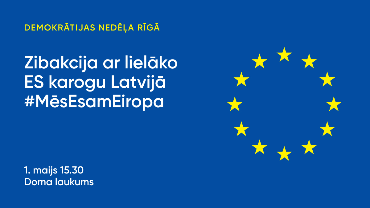 Pievienojies zibakcijai #MēsEsamEiropa! Trešdien, 1. maijā, norisināsies zibakcijas #MēsEsamEiropa gājiens, kurā kopīgi dosimies cauri Vecrīgai ar lielformāta Latvijas un Eiropas Savienības karogiem. Gājiena noslēgumā pie Brīvības pieminekļa Latvijas Diplomātiskā kora vadībā
