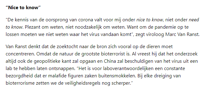 14/ Marc Van Ranst: VU Amsterdam honorary doctorate 17/11/2022
vu.nl/nl/nieuws/2022…
He called #OriginOfCovid 'nice to know, not need to know'. It should, for undisclosed reasons, 'mainly focus on animals', because 'nature is the greatest bioterrorist'
archive.is/ft33M