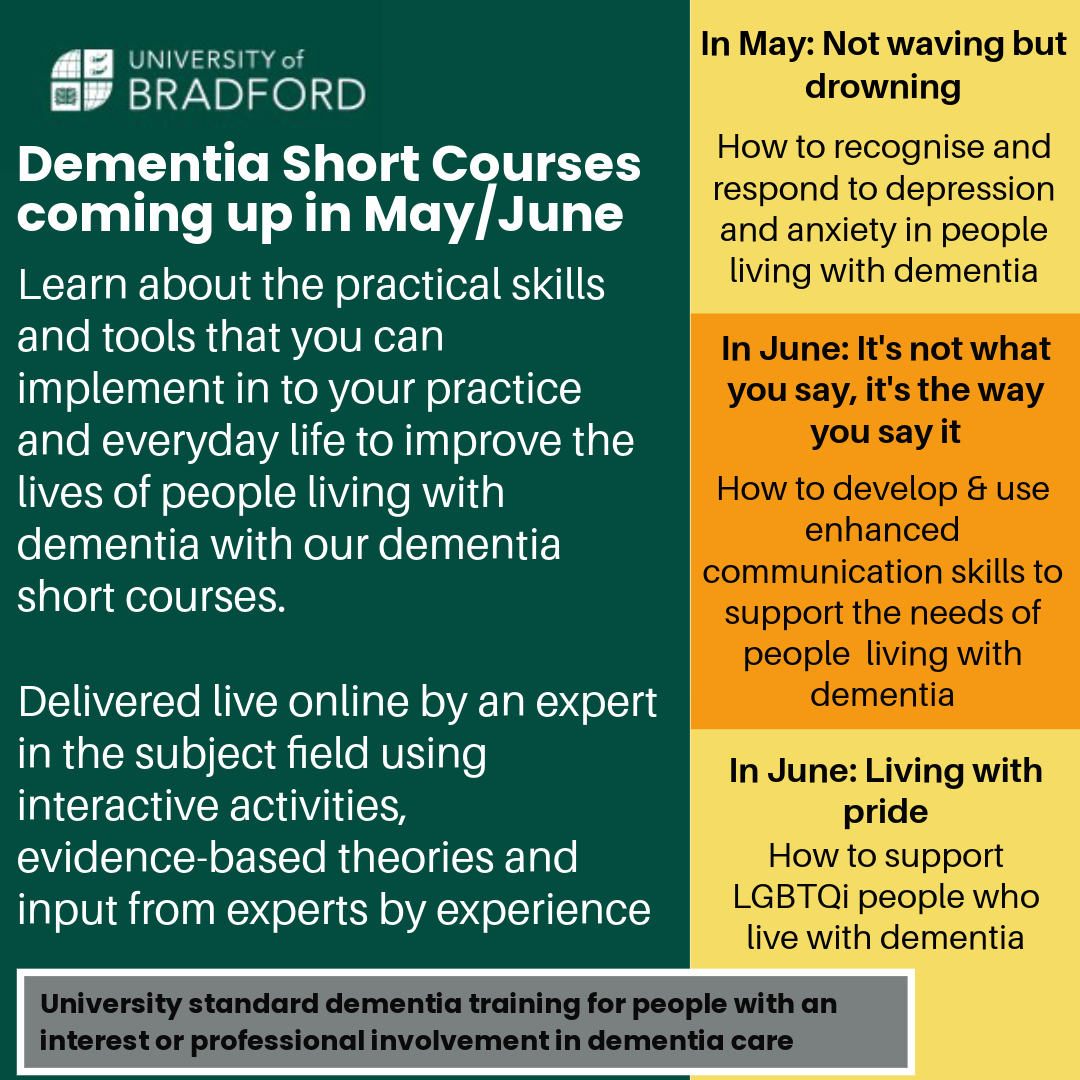 #Dementia online courses for May and June - practical skills and tools that you can implement in to your practice and everyday life to improve the lives of people living with dementia. Book here: …talogue.eu-west.catalog.canvaslms.com or email dementia@bradford.ac.uk