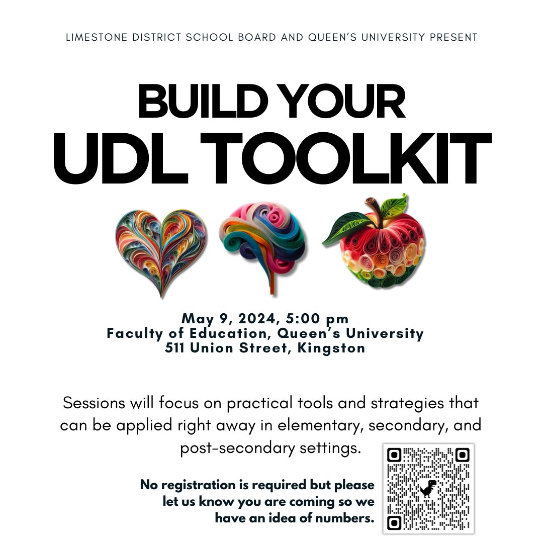 I am so excited to share that @QueensEduc and @LimestoneDSB are hosting an event next week where anyone is welcome to come and learn more about practical UDL strategies that are easy to implement and make a BIG impact for learners! Interested? forms.gle/DBdFYrCDwThLpE…
