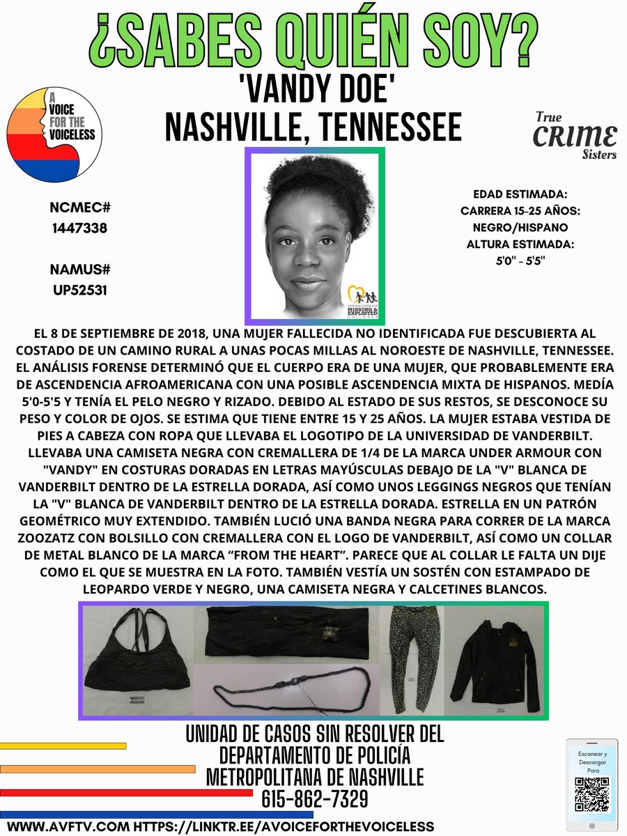 El 8 de septiembre de 2018, una mujer fallecida no identificada fue descubierta al costado de un camino rural a unas pocas millas al noroeste de Nashville, Tennessee. El análisis forense determinó que el cuerpo era de una mujer, que probablemente era de ascendencia afroamericana