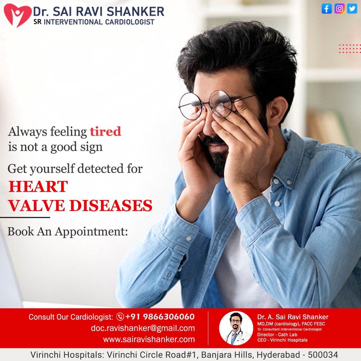 Feeling chronically #tired? It could signal #heartvalvedisease. Don't ignore #symptoms. Early detection saves lives. Prioritize your heart health today.

#Drsairavishankar #cardiologist #consultantcardiologist #cardiologydoctor #InterventionalCardiologst #virinchihospital
