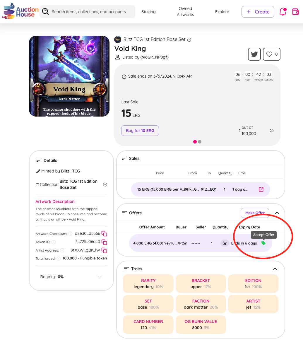 Wondering if your extra @Blitz_TCG card is needed for someone else's deck? Connect the containing wallet to Auction House and look for the 'Accept Offer' green tag on the detail page for the card! Need to buy one? Head to the same page and click 'Make Offer' Happy hunting!