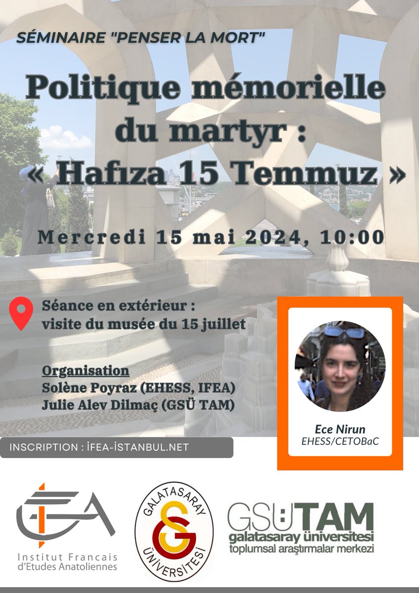 Séminaire 'Penser la mort' -Politique mémorielle du martyr : « Hafıza 15 Temmuz », le 15 mai 2024 à 10:00. Visite guidée du musée Mémoire 15 juillet. Rendez-vous au Musée Mémoire 15 juil., Kuzguncuk, Nevnihal Sk No 12, Uskudar, Istanbul. S’enregistrer ici forms.gle/NHvDpKjpSAP8sa…