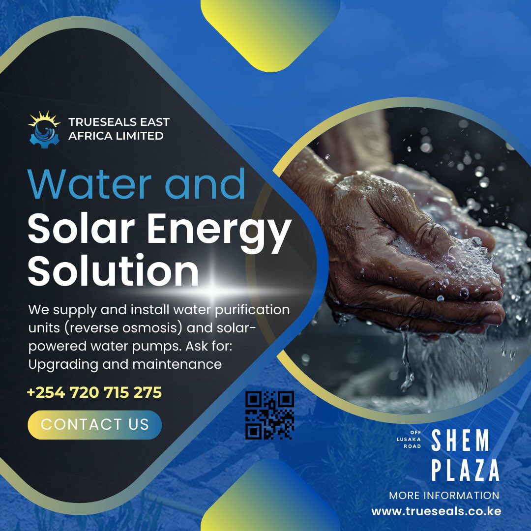 Considering a venture into the water treatment and solar energy industry? Navigating through numerous systems may seem overwhelming. 
Fear not! Join us at Trueseals East Africa Ltd for expert guidance in navigating the sea of choices. 
#watertreatmentsolutions
#solar
#solarpanels