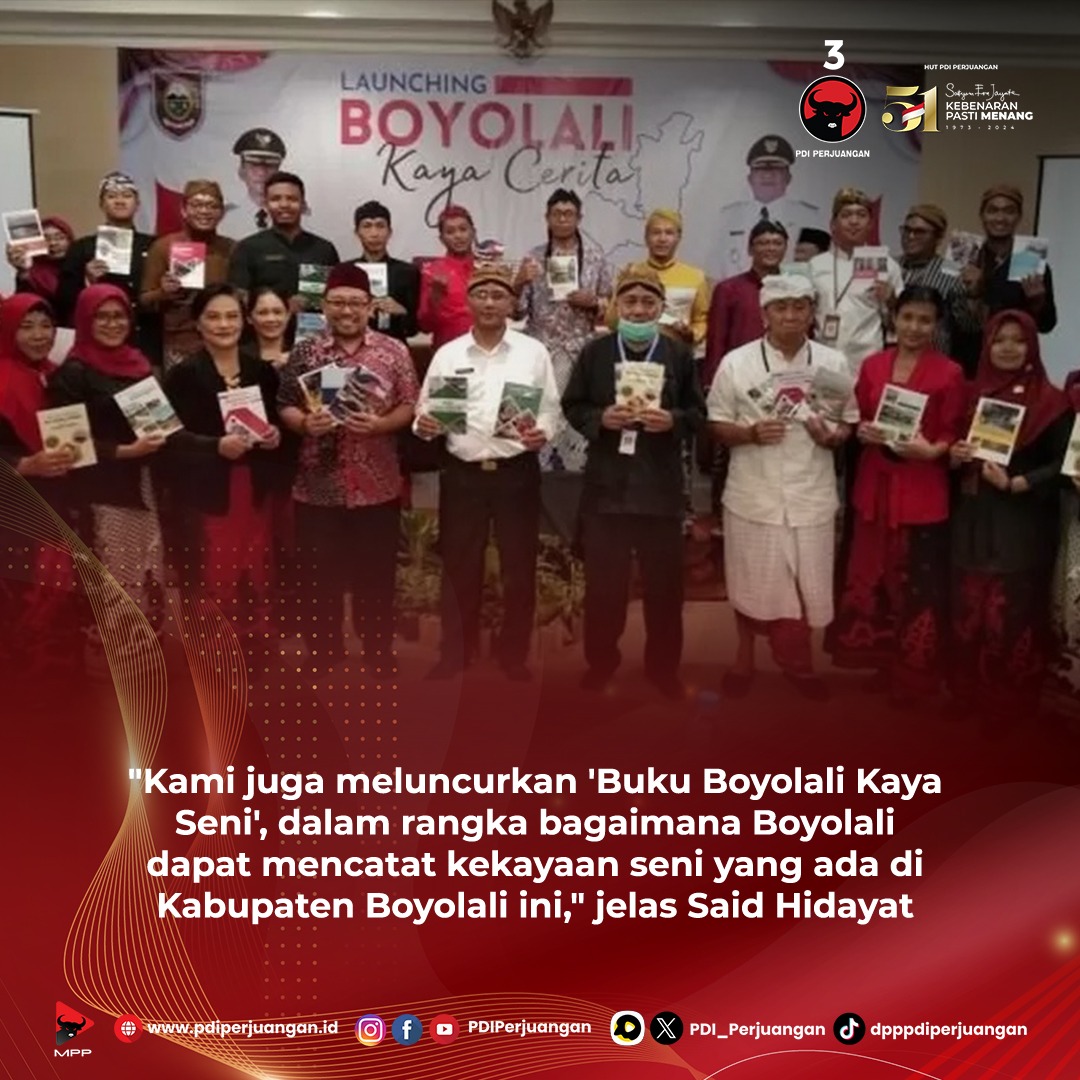 Bupati Bupati Boyolali M. Said Hidayat, Buka Peringatan Hari Tari Sedunia Dan Pasar Seni Dibarengi Launching Buku Boyolali Kaya Cerita dan Buku Boyolali Kaya Seni.

#PDIPerjuangan
#M3nangkanRakyat
#KebenaranPastiMenang
#SatyamEvaJayate