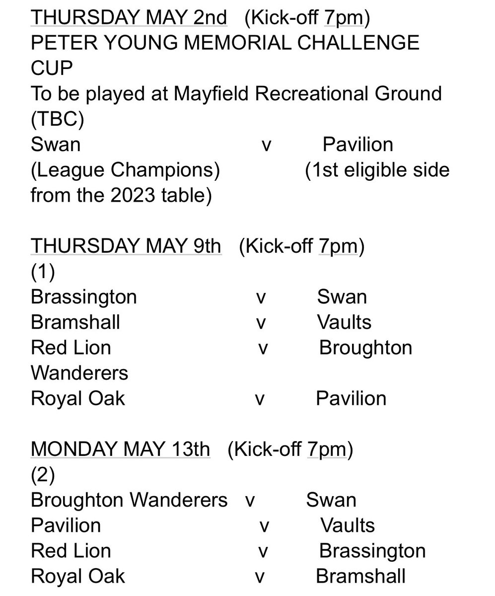 The Ashbourne Summer League is ready to go for another summer season. New teams are Bramshall who play next to the strawberry farm in Bramshall, Royal Oak who will play at Mayfield and Vaults will play at Hulland Ward. Swan now sharing with Red Lion at Mammerton.