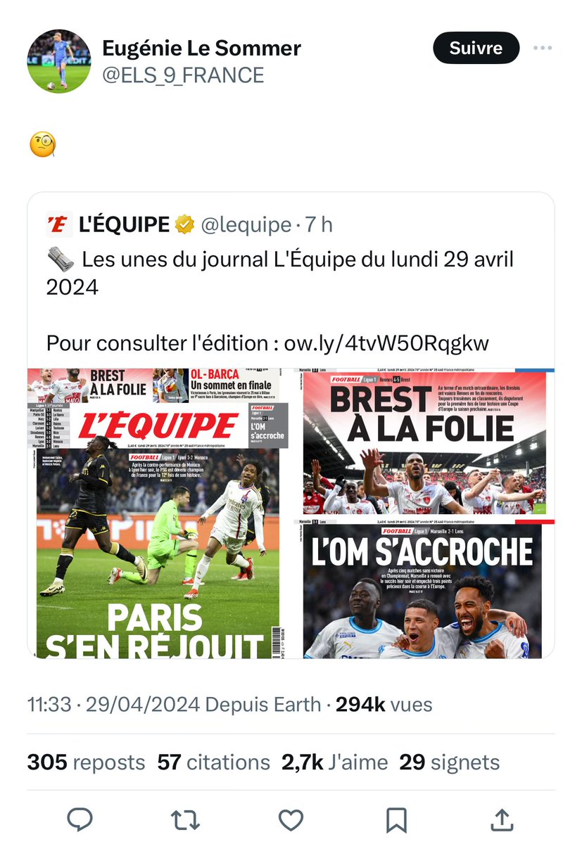 lnstantFoot's tweet photo. Eugenie Le Sommer, légende du football féminin français, se plaint du traitement médiatique de l'OL qui s'est qualifié hier en finale de Ligue des Champions après avoir vaincu le PSG. 🇪🇺🏆 https://t.co/MZ2t7k3faZ