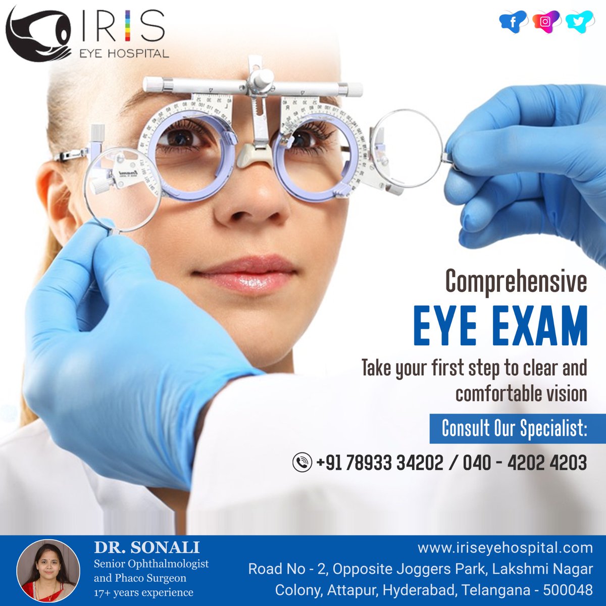 Prioritize your #vision health with a comprehensive #eyeexam. Clear and comfortable vision begins with proactive care. Schedule yours today!
 
#DrSonali #Ophthalmologist #EyeSurgeon #IrisHospital #Attapur #Telangana #AdvancedCataractSurgery #MultiFocalLens #CrystalClearVision