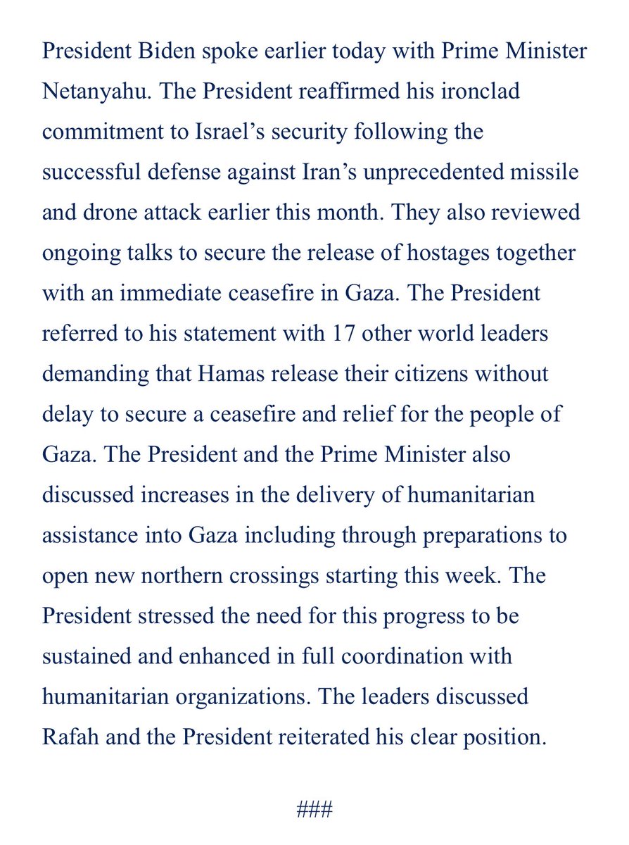 President Biden and Israel's PM spoke Sunday per WH.