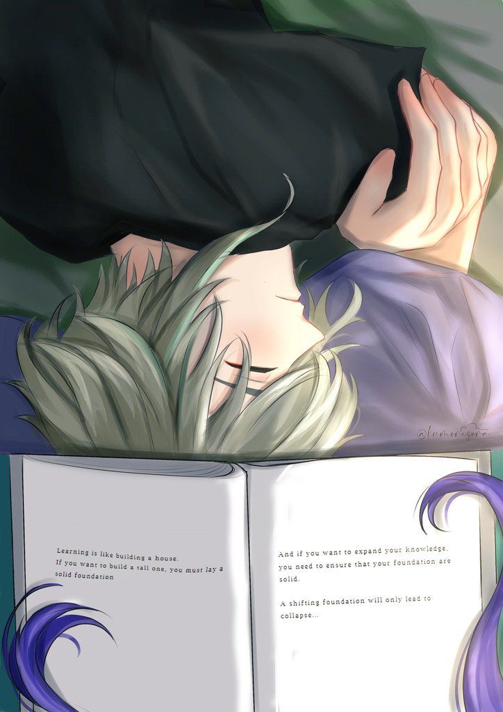 #HaithamRia #yumelokalgallery ✧🌱🪻✧ 🌱: 'Wisteria, let's sleep' 🪻: 'One moment habibi, I'll finish reading this book in 5 minutes' - 5 minutes later... - 🌱: *Zzzz zzz* 🪻: '....'