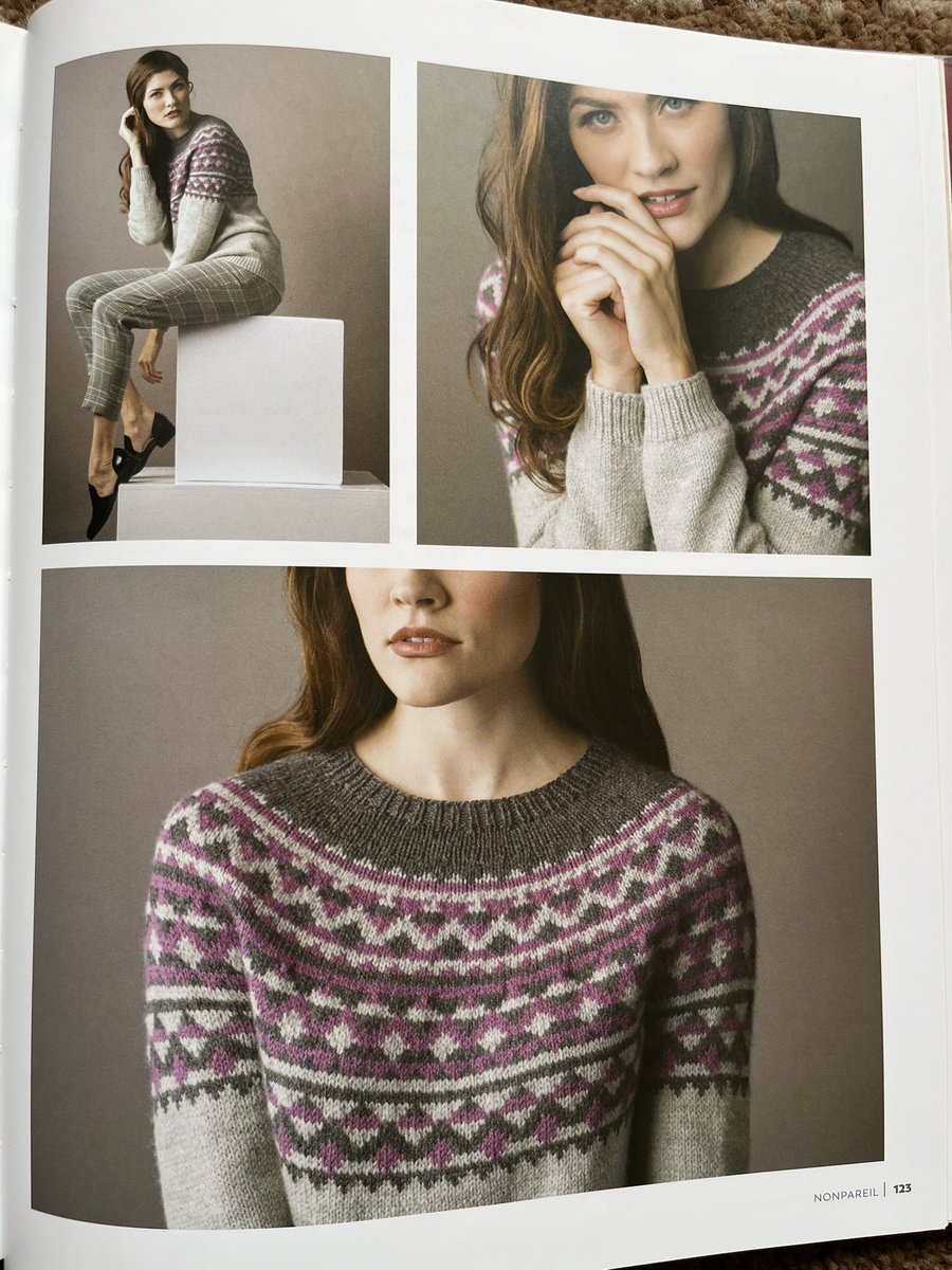 Nice geometric yoke on Nonpareil by Kate Gagnon Osborn - get pattern on Ravelry. One main and two contrast colours in DK. Check out the potential colour combinations on Doulton Border Leicester Yarn website. 10% off in April using ‘springwool’ at checkout!