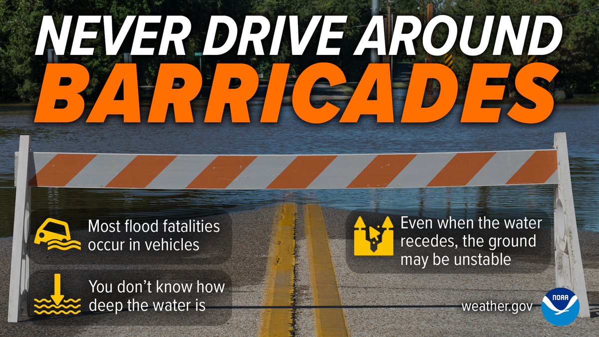 Barricades exist for your protection. They are removed when danger subsides. Resist any temptation to drive around them thinking 'the flooding doesn't look that bad.'
🚫Water depth can be deceiving
🚫Erosion can compromise integrity of roadway
🚫Just not worth it.
#WeatherReady