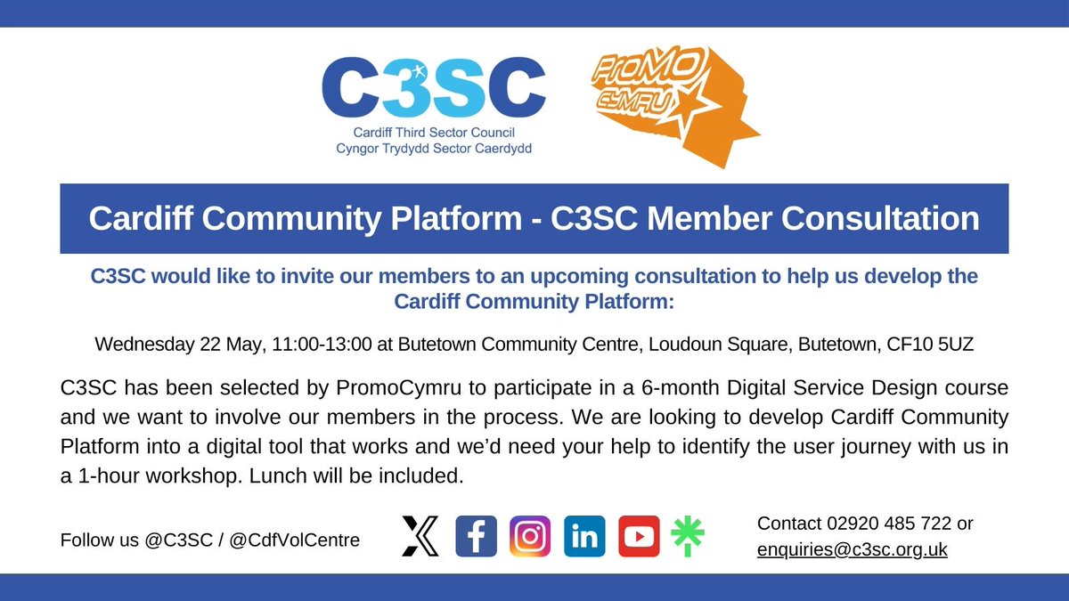 C3SC has been selected by @ProMoCymru to participate in their 6-month Digital Service Design - but we need your help! We're calling for our members to identify the user journey with us on 22 May from 11am to develop the Cardiff Community Portal into a digital tool that works for…
