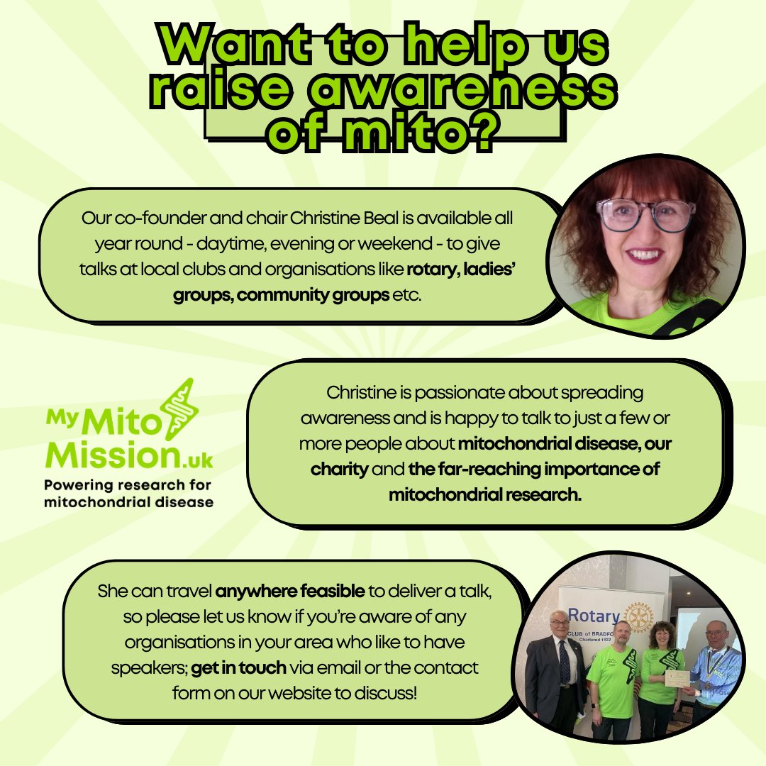 Get in touch if you know an organisation that might have Christine in to speak about mitochondrial disease, and raise vital awareness. We would love to hear from you! 💚

#mymitomission #mitoawareness #charityspeaker #rotary #communitygroup #mitochondrialdisease #realityofmito