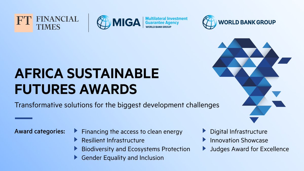 The private sector is key to driving #Africa's energy transformation. Submit your innovative projects in clean energy, resilient infrastructure, gender equality, and more for the #AfricaSFAwards.  

Deadline: July 31, 2024.  

Learn more: wrld.bg/axSR50RplGL 

@FT @ftlive