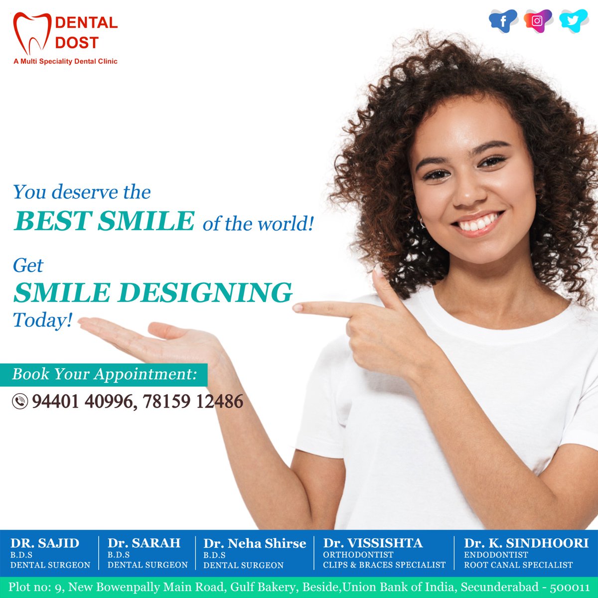 Unlock your best #smile with #smiledesigning today! Enhance your #confidence and #charm. Discover the power of a radiant smile.
Spread awareness!

#drsajid #dentalsurgeon #dentaldost #hyderabad #secunderabad #dental #dentalcare #dentalhygienist #dentalhygiene #esteticadental