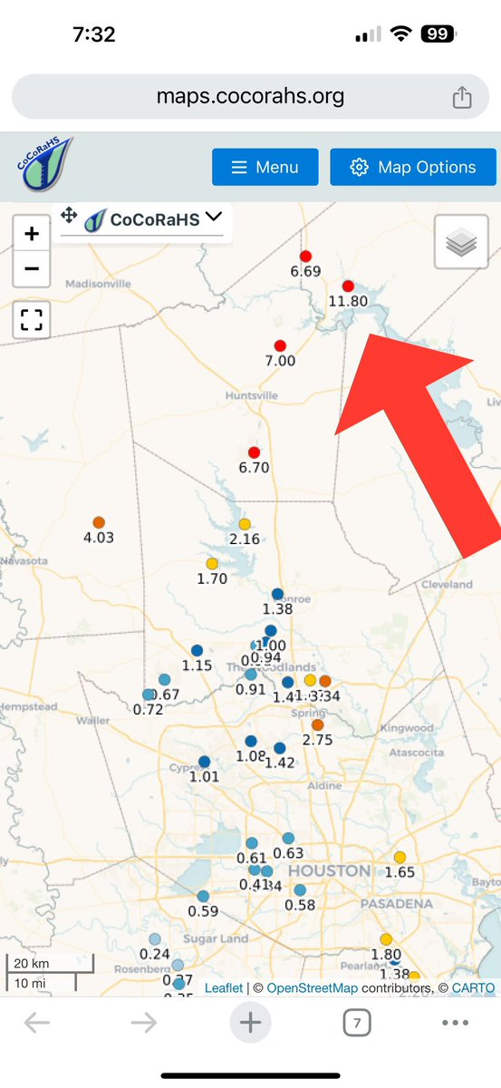 Incredible rainfall amounts north of Houston overnight. A fellow @CoCoRaHS volunteer weather observer in Trinity County, TX northeast of Huntsville , TX reported 11.80” in the 24hr period ending at 7amCT today helping to confirm radar-estimated totals for the event. #houwx #txwx