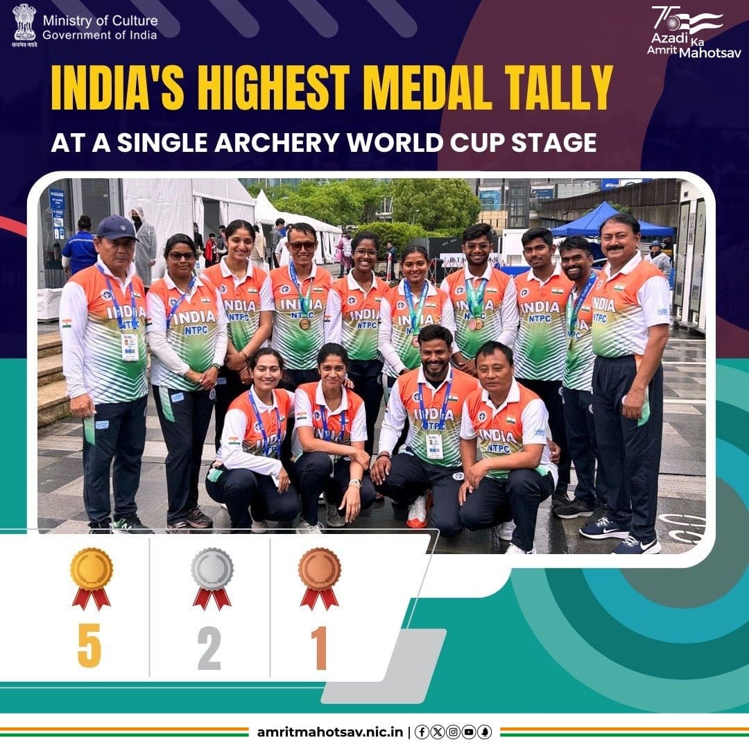 A proud moment for Bharat! Our ace archers won eight medals at the #ArcheryWorldCup 🏹 stage 1 in Shanghai, including 5 gold medals 🥇. A round of applause for our champs👏🇮🇳 #AmritMahotsav #JeetegaBharat #MainBharatHoon @MinistryWCD