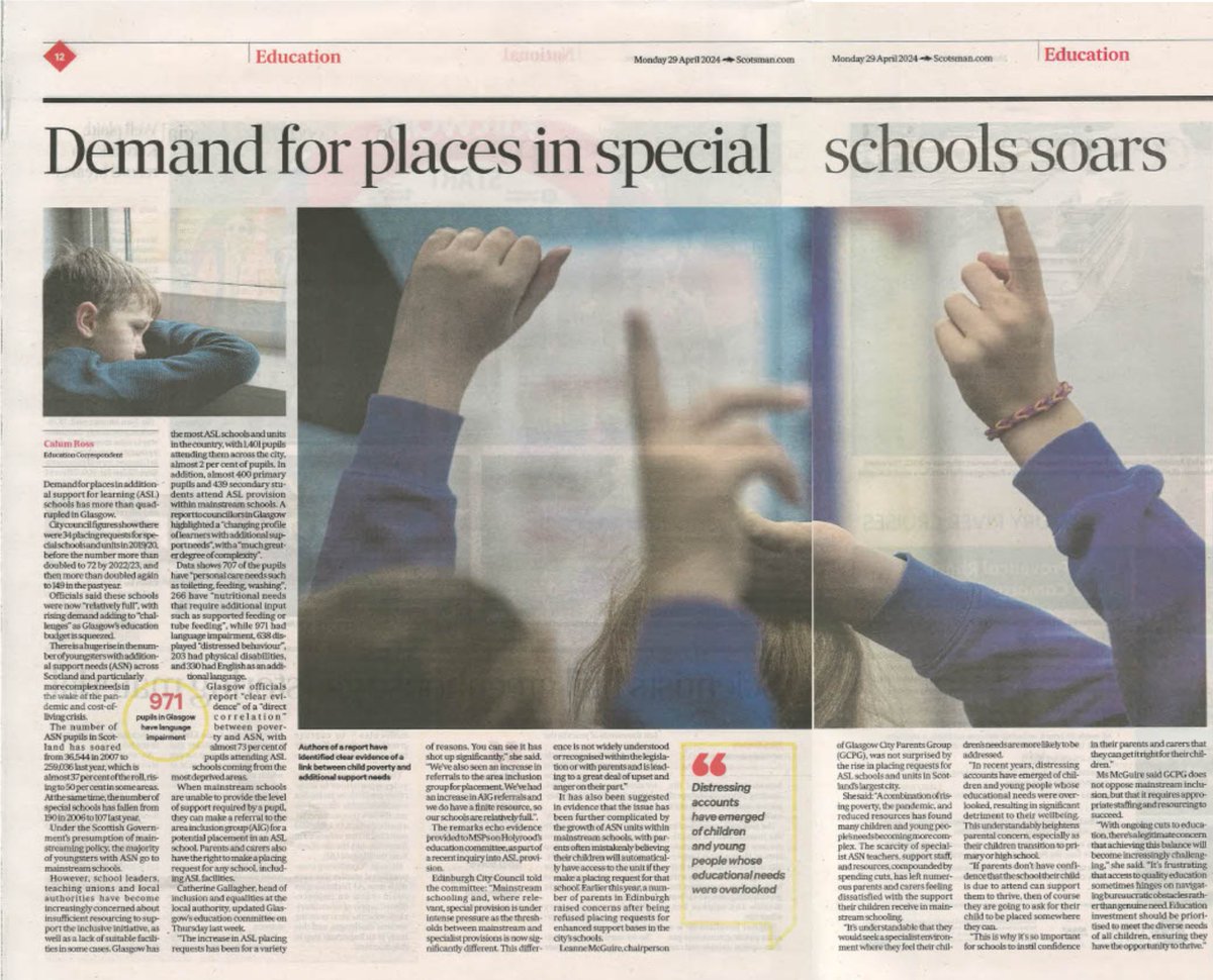 👩‍🏫The link between educational needs and poverty is clear. Today's Scotsman highlights by @CalumRoss23 states that 73% of kids at Additional Support for Learning (ASL) schools come from the most deprived background areas in Glasgow.