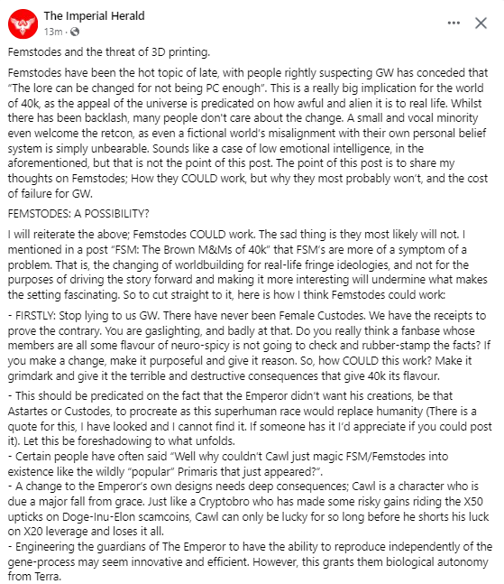 TheImpyHerald's tweet photo. Posting FB screencaps of my thoughts on the whole Femstodes debate; How it COULD work, how it most likely won't, and how GW make well have fucked themselves over. More pics in the comments
#TheImperialHerald #GamesWorkshop #Warhammer #WarhammerCommunity #wh40k #FemaleCustodes https://t.co/A48y4SUu23
